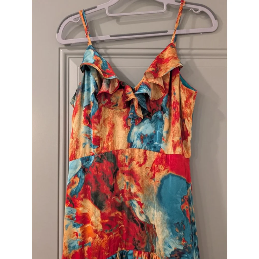 Women's NOVALUXE Small Red Blue Abstract Tiered Ruffle Maxi Dress - Picture 5 of 14